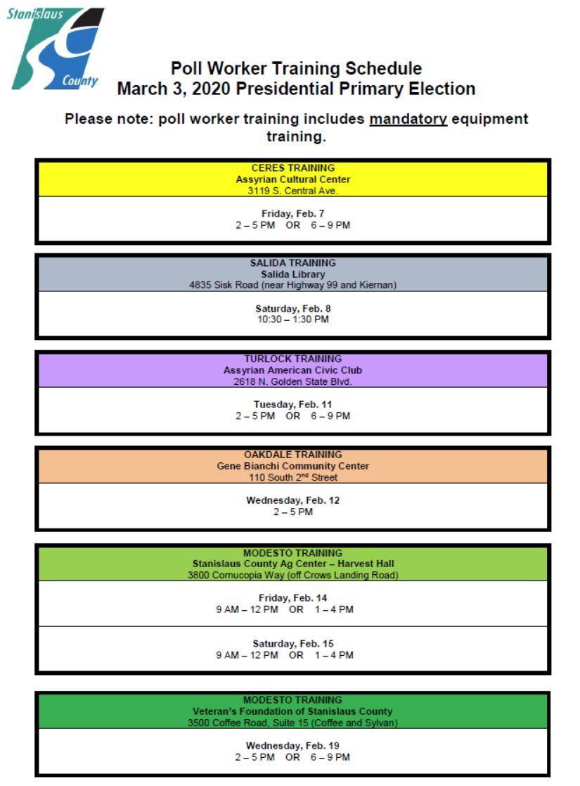 Poll Worker Training Schedule Elections Stanislaus County